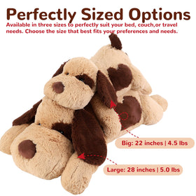 Meowtastic huggable weighted dog on couch highlights soothing comfort for evenings