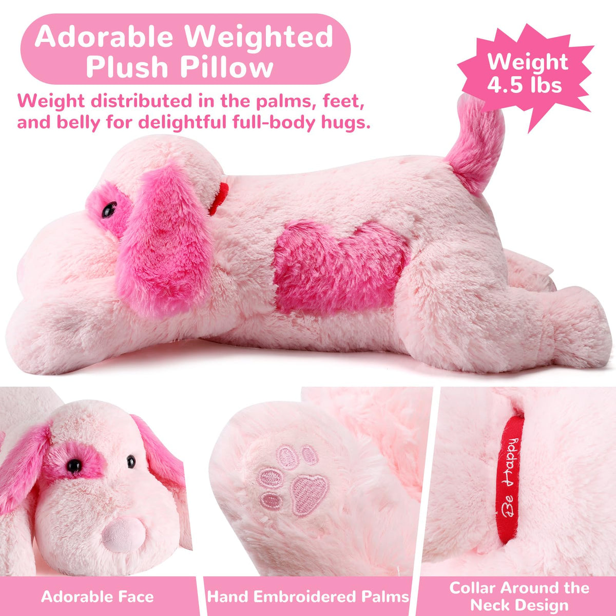 Meowtastic pink dog weighted stuffed animal in bed, perfect for night-time snuggles