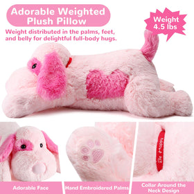 Meowtastic pink dog weighted stuffed animal in bed, perfect for night-time snuggles
