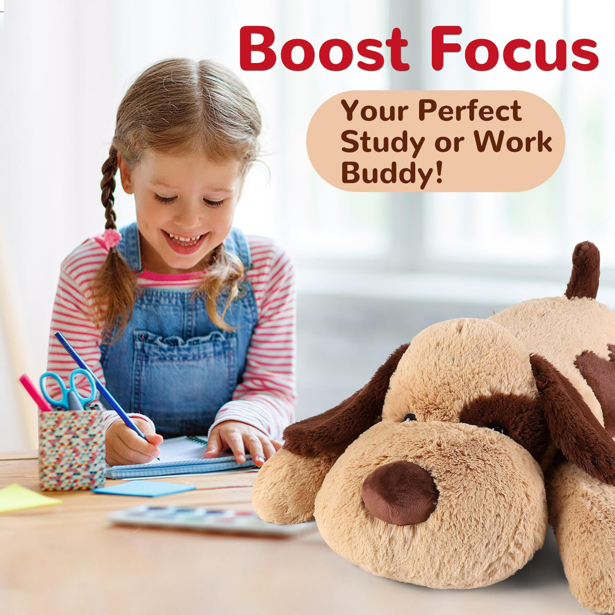 Meowtastic plush dog with soft padding ideal for travel or naps
