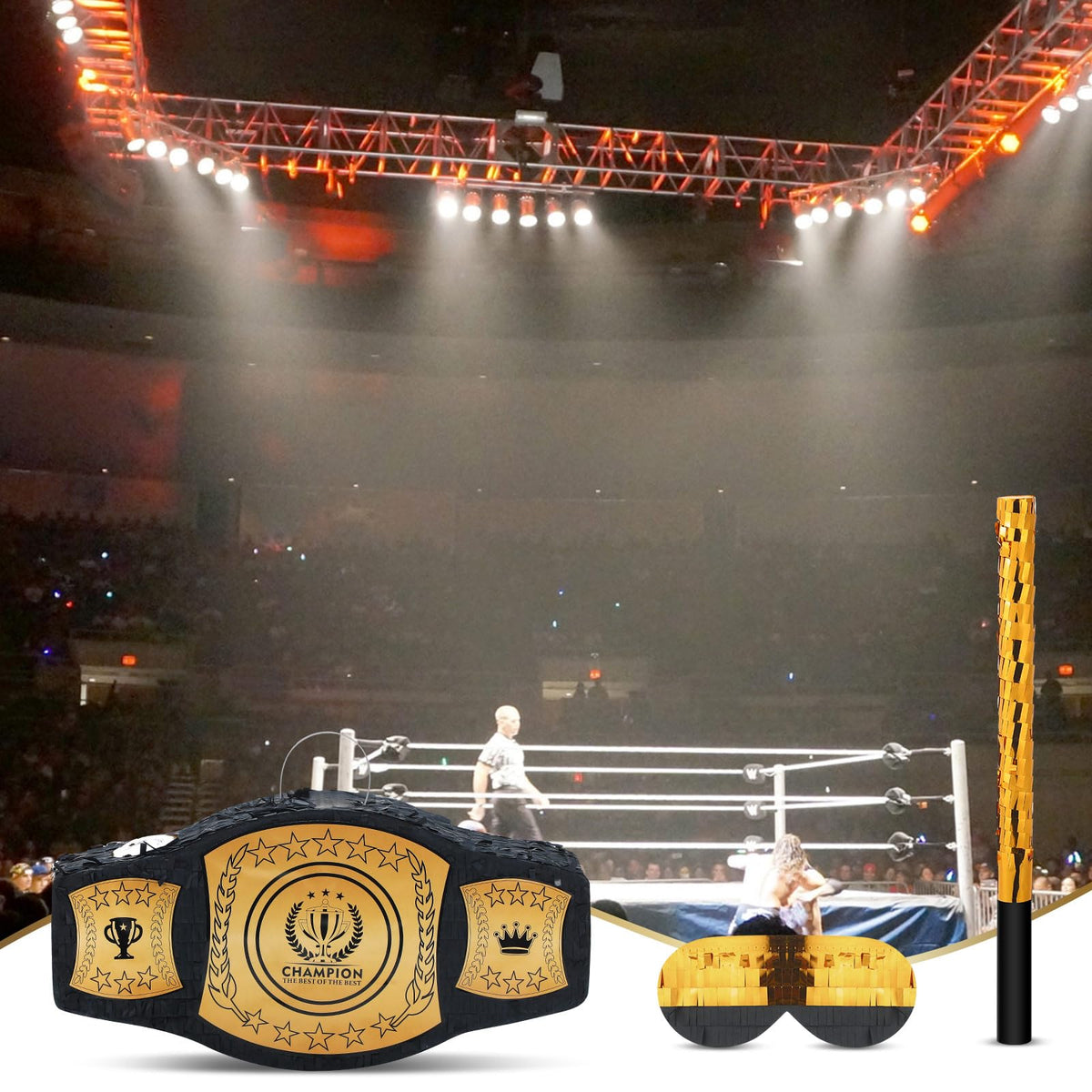 Mepase wrestling belt pinata decor adds vivid black and gold sports ambiance
