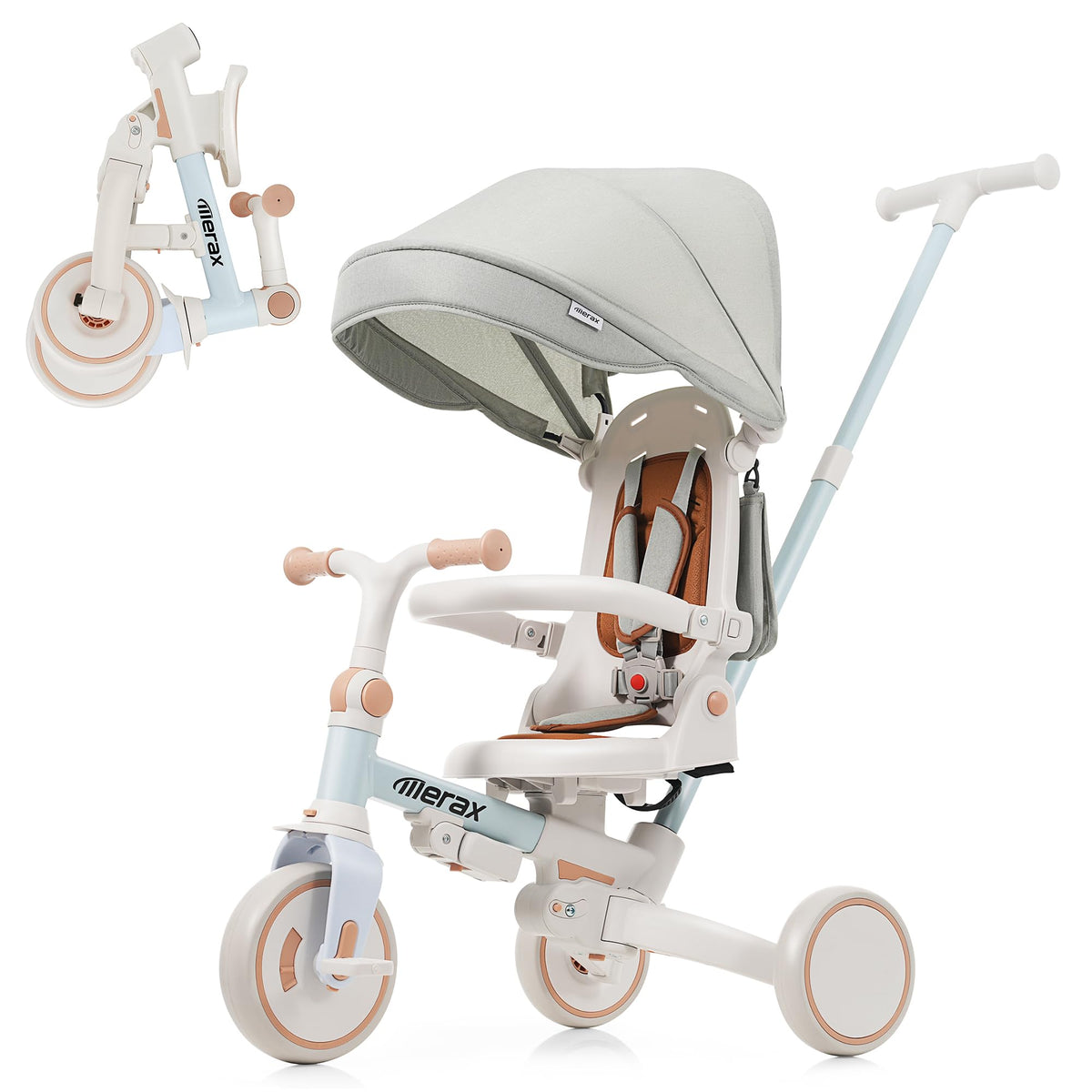 Merax 7-in-1 toddler trike folded frame for compact storage.