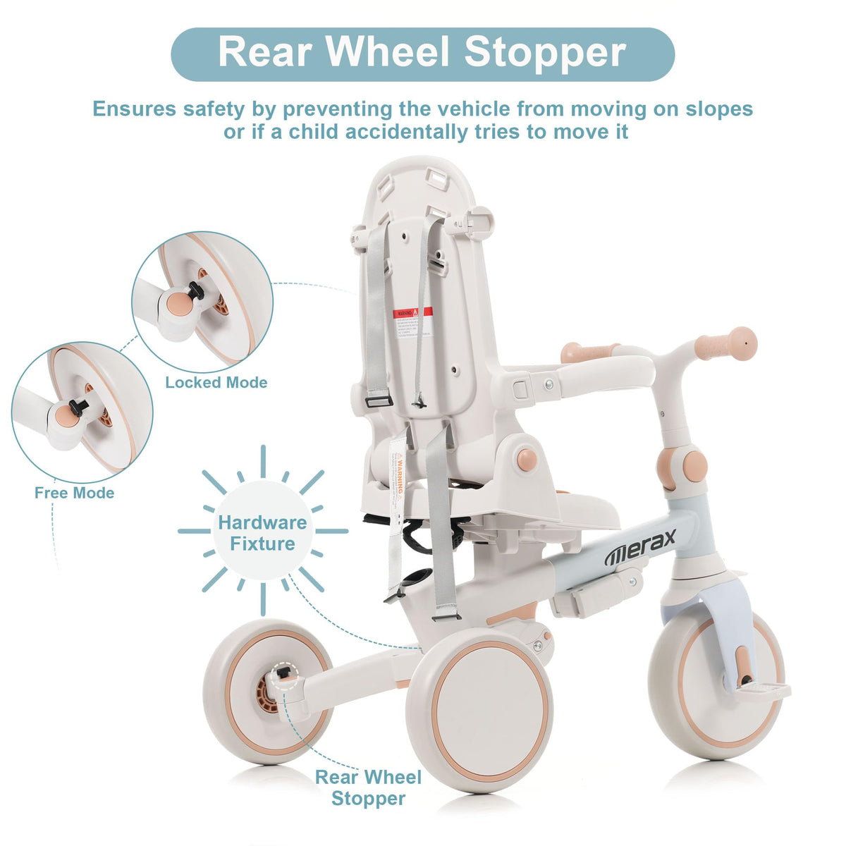 Merax trike safety harness secures toddlers during learning to ride.