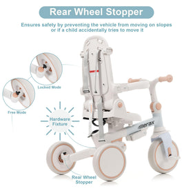 Merax trike safety harness secures toddlers during learning to ride.