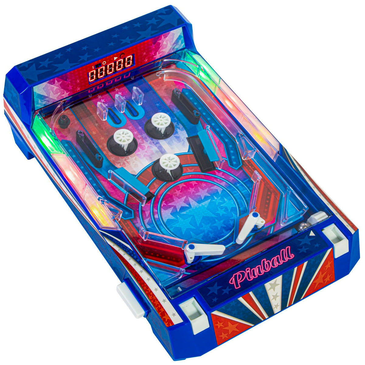 Merchant Ambassador Retro Arcade Electronic Pinball in use on a coffee table during family fun.