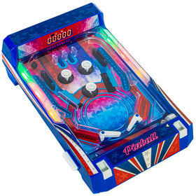 Merchant Ambassador Retro Arcade Electronic Pinball in use on a coffee table during family fun.