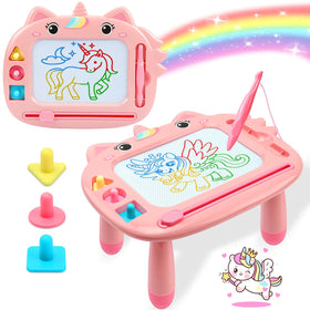 MERGUEZ unicorn drawing board for toddlers, travel-ready and mess-free.