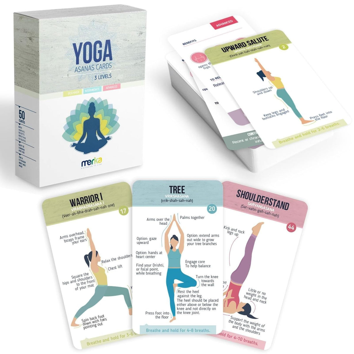 Merka Yoga Cards deck spread to reveal 50 poses for guided practice