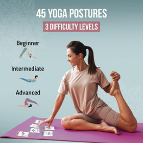 Merka Yoga Cards spread on mat illustrating diverse asanas