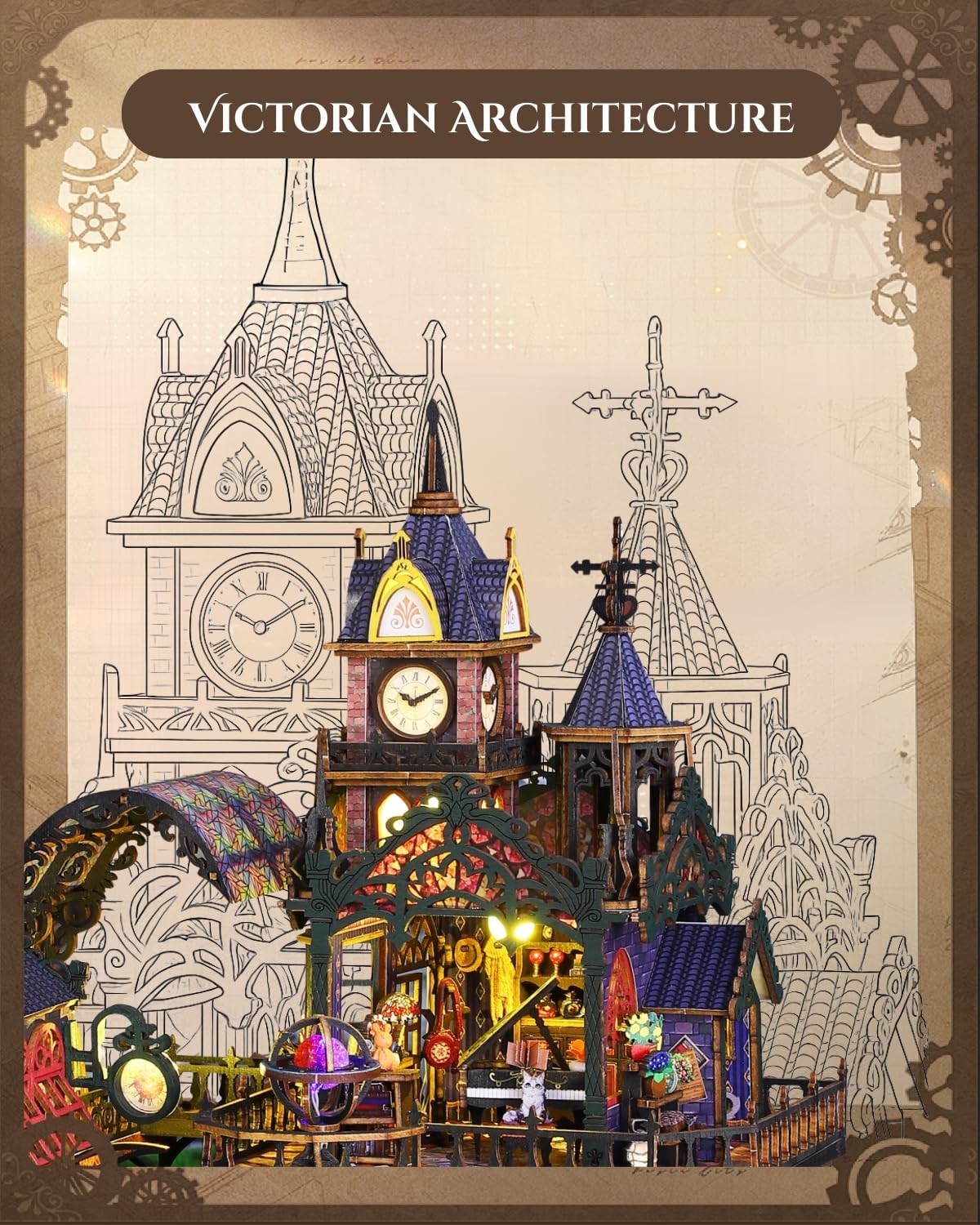 Merrifete Steampunk Train Station gearwork-detail highlights laser-cut wood features