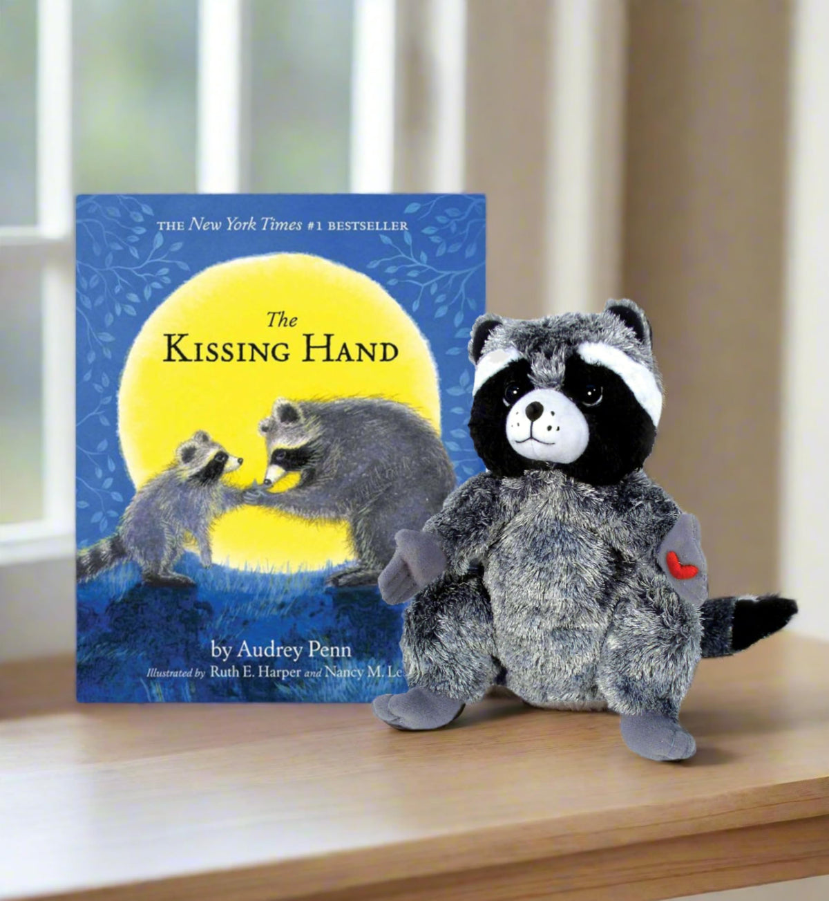 Close-up of Chester Raccoon's soft fur and stitching for comforting school drop-offs.