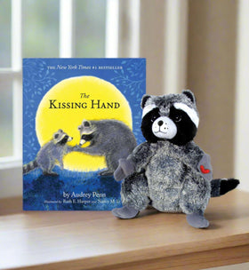 Close-up of Chester Raccoon's soft fur and stitching for comforting school drop-offs.