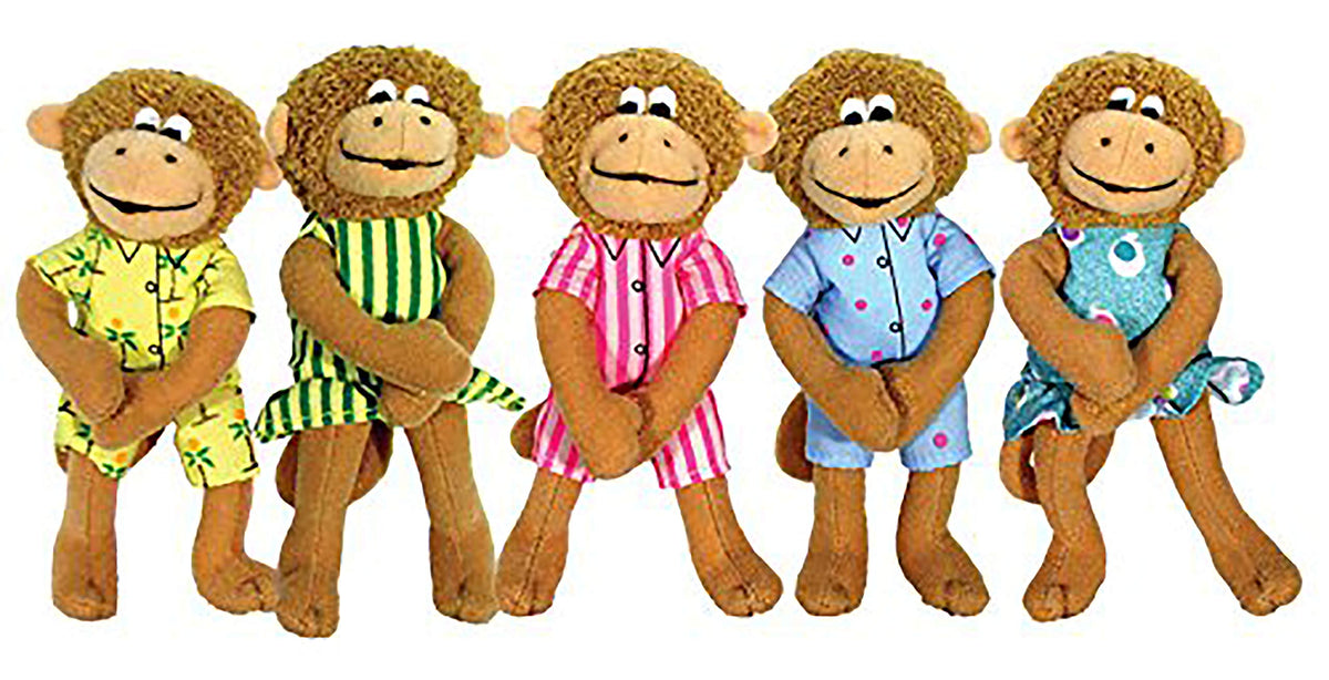MerryMakers five little monkeys finger puppets, five inches tall, for imaginative play.