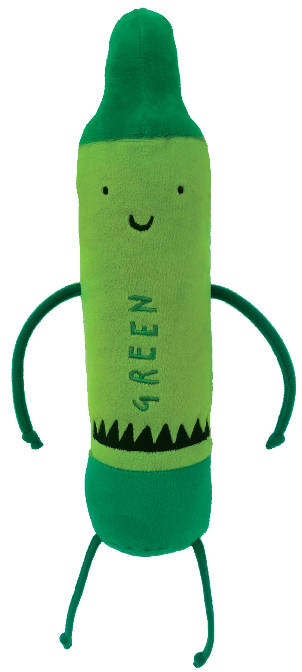 MerryMakers green plush crayon 12-inch sitting upright on a shelf for cozy play