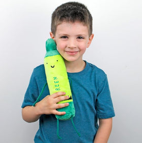 MerryMakers green crayon plush sits with kids for imaginative storytelling