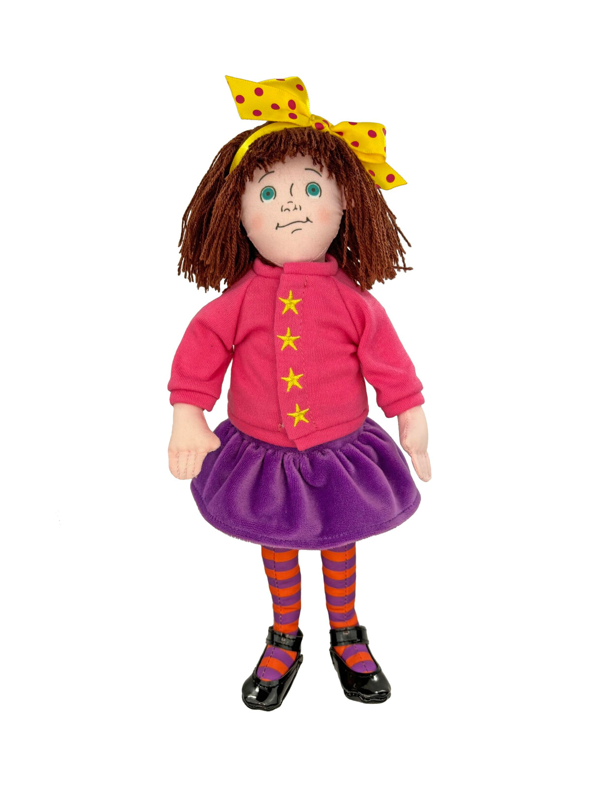MerryMakers Junie B. Jones doll in pink sweater with yellow stars, ideal for imaginative play.