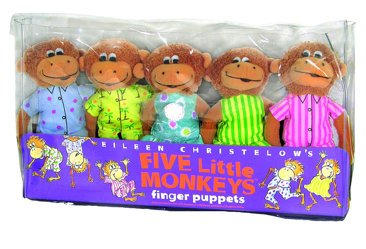 Close-up of MerryMakers monkey puppets, colorful and kid-friendly for storytelling sessions.