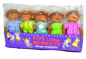Close-up of MerryMakers monkey puppets, colorful and kid-friendly for storytelling sessions.