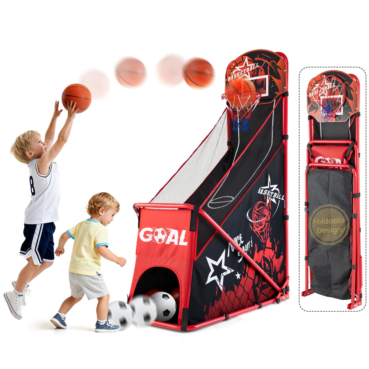 MerryMove arcade basketball hoop foldable for indoor and outdoor play, quick storage and setup.