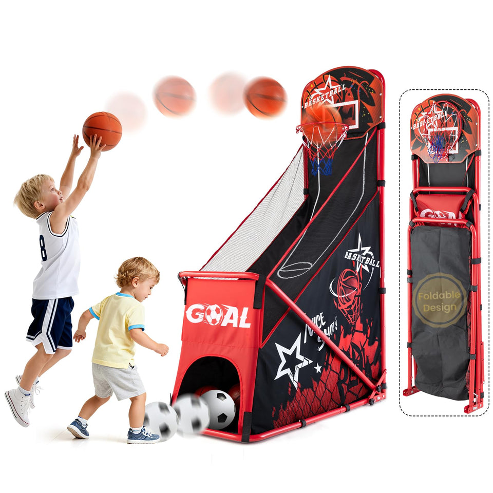 MerryMove arcade basketball hoop foldable for indoor and outdoor play, quick storage and setup.