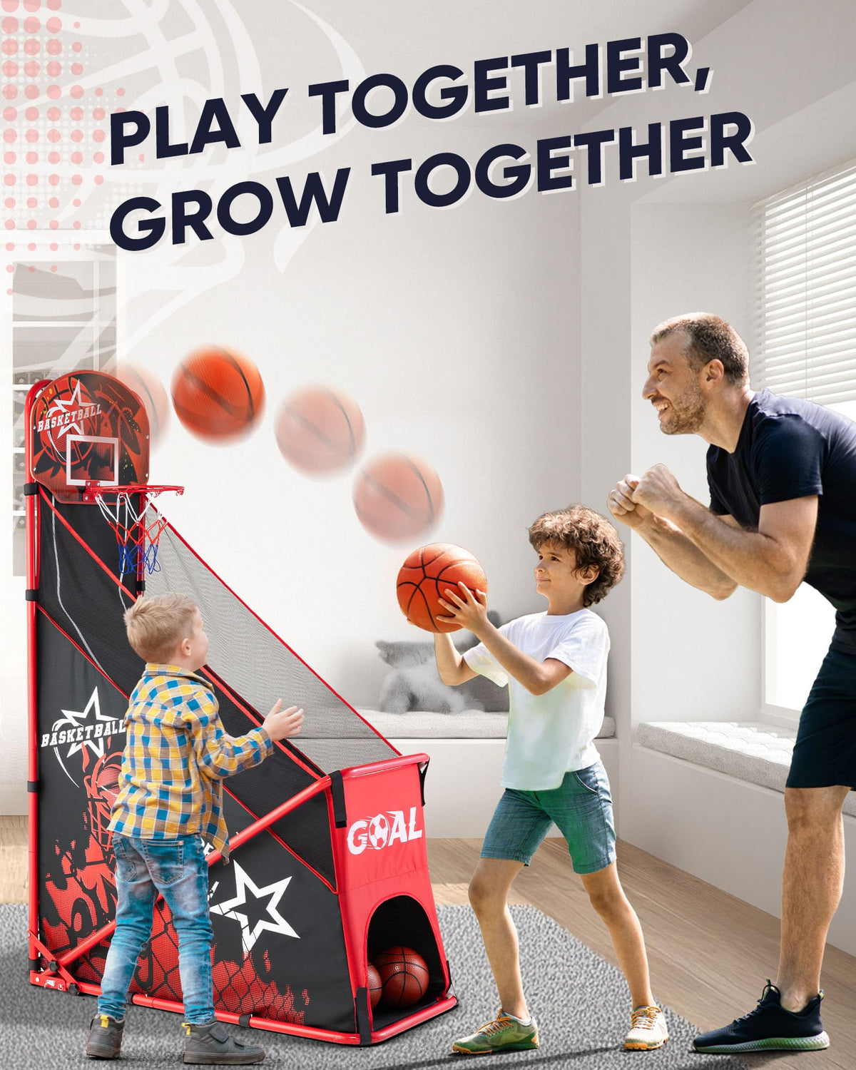 MerryMove inflatable basketballs and football included for versatile play sessions.