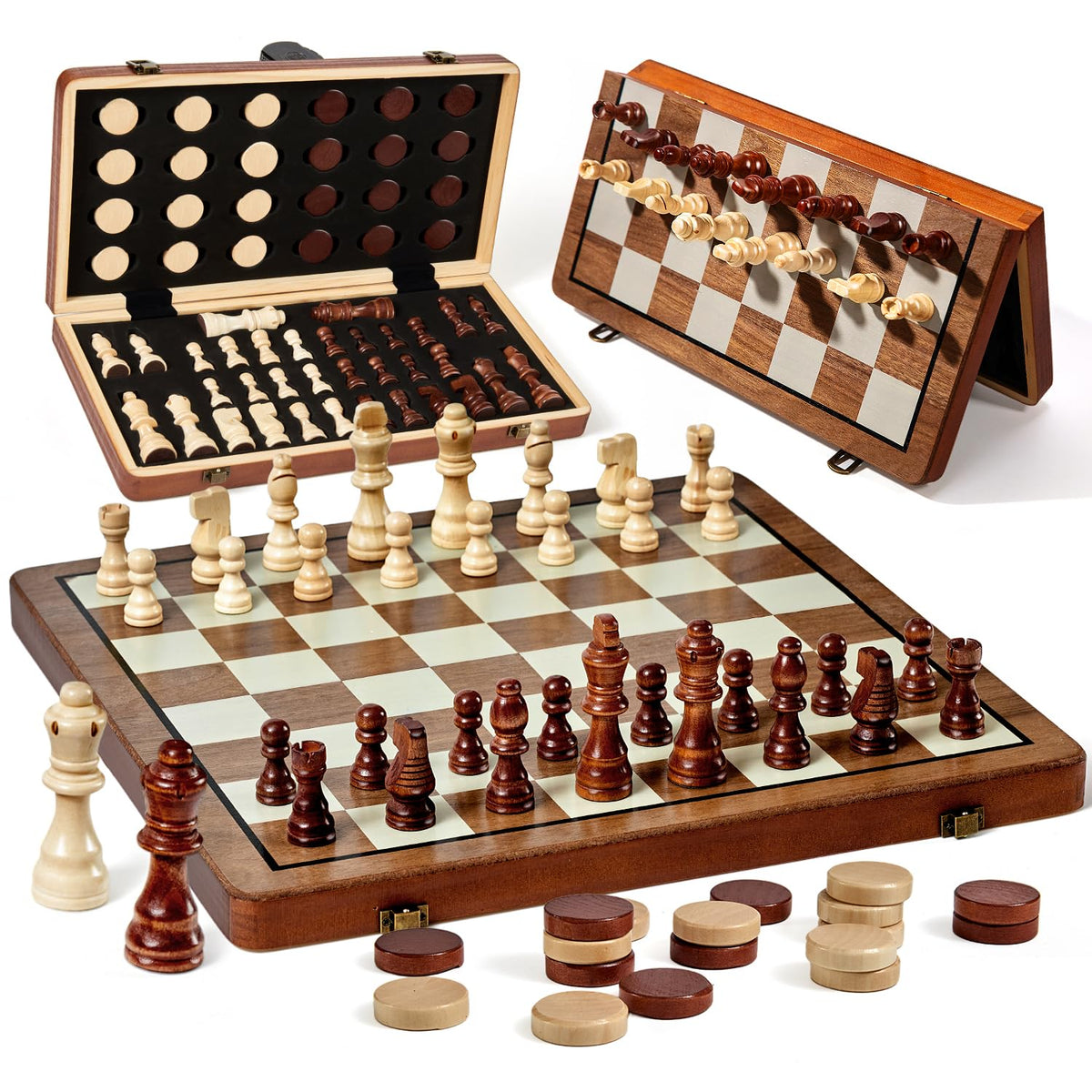 MerryPony 2 in 1 magnetic wooden chess board ready for travel and home play.