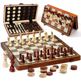 MerryPony 2 in 1 magnetic wooden chess board ready for travel and home play.