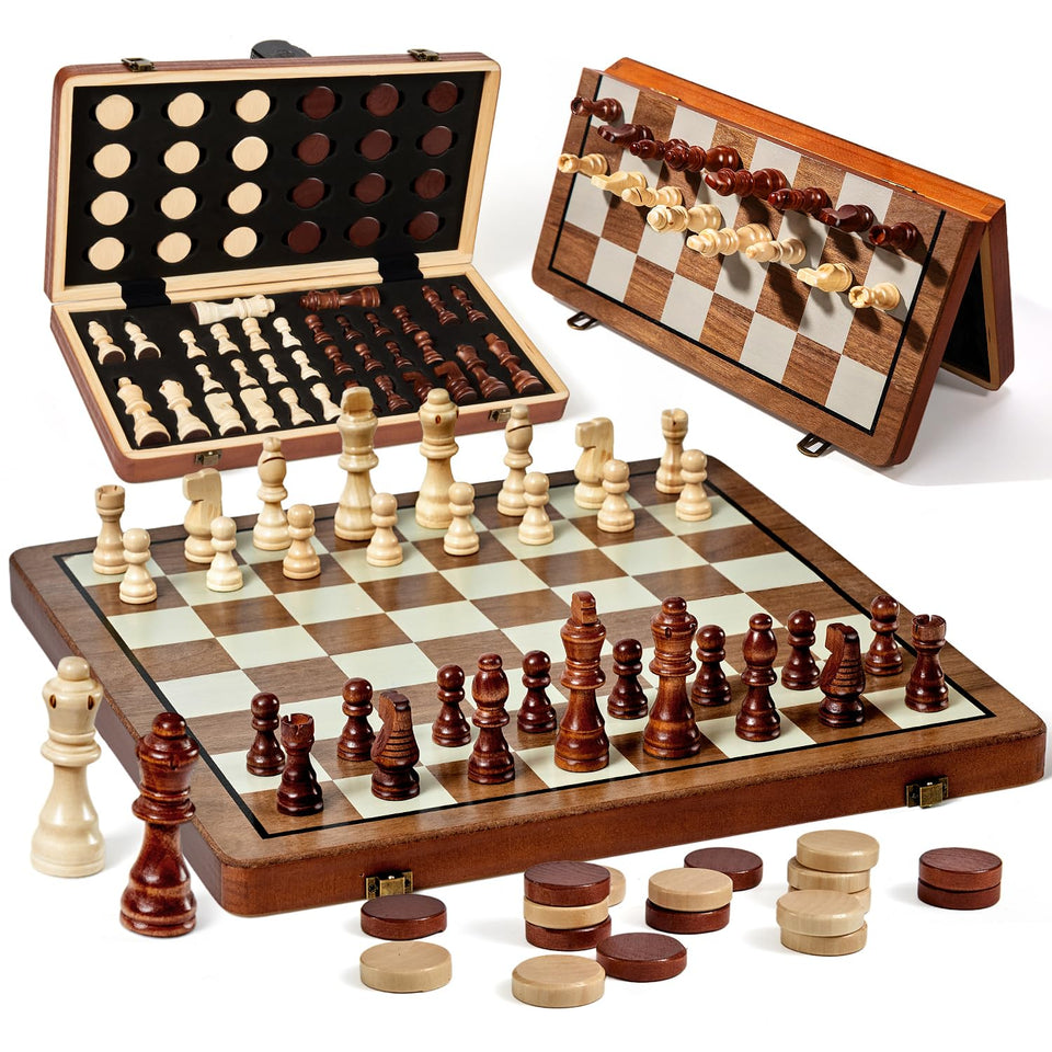 MerryPony 2 in 1 magnetic wooden chess board ready for travel and home play.