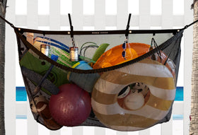 MESH TITAN Beach Camping Organizer hammock bag hanging from a canopy for organized outdoor gear.