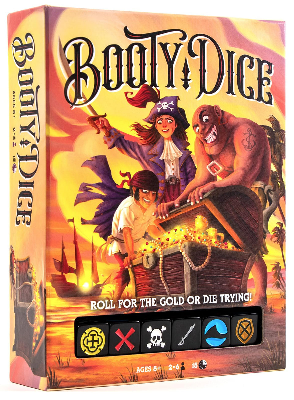 Messy Table Games Booty Dice box opened, ready for swashbuckling family play.