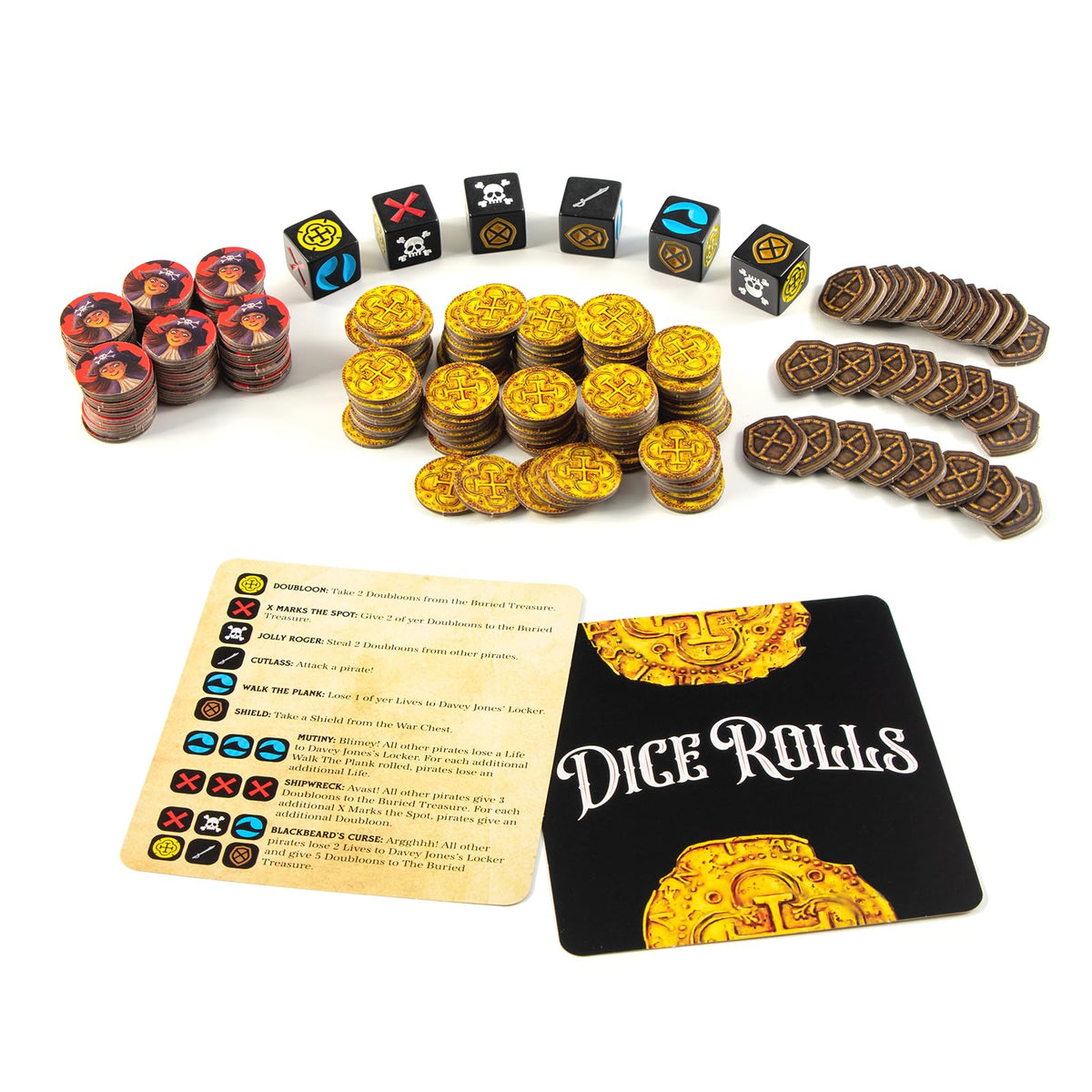 Booty Dice treasure pile with coins adds tactile excitement.