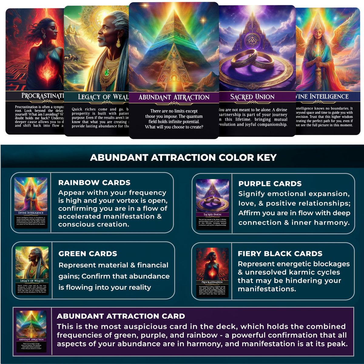 Metaphoracle Abundant Attraction color code system highlights rainbow cards for high-frequency alignment