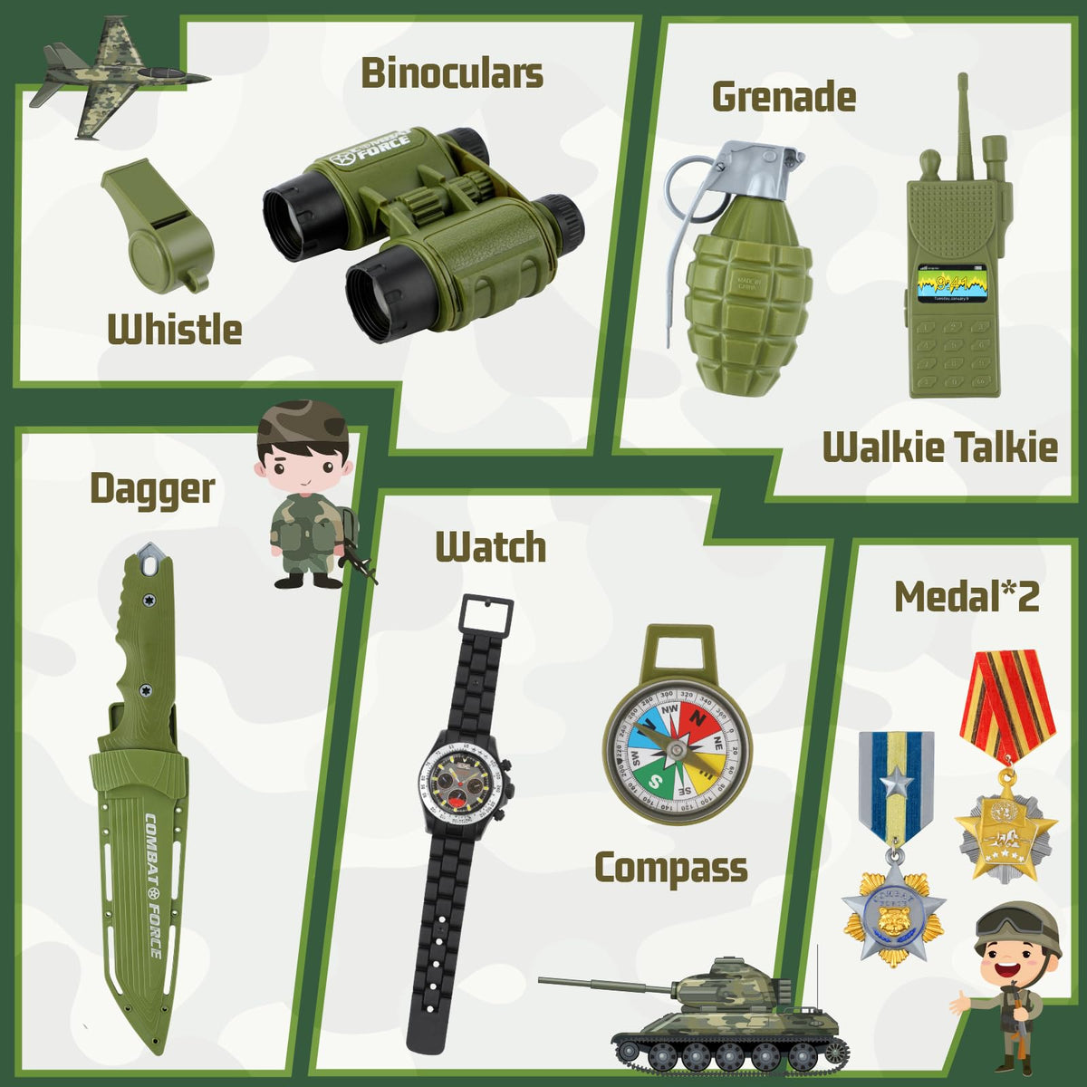 Metemot army accessories like dagger and whistle enhance role-play adventures.