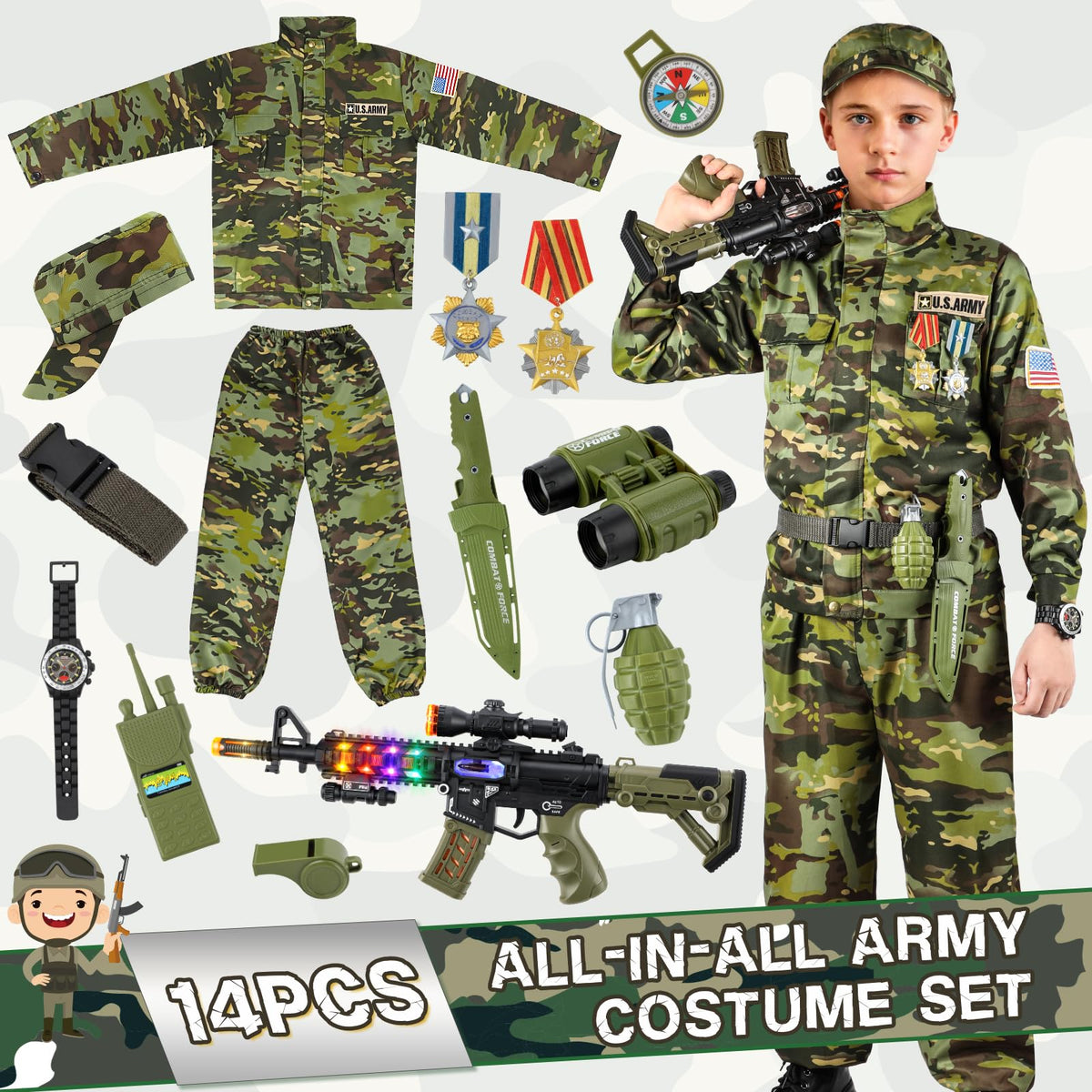 Metemot army costume size chart helps pick the right fit.