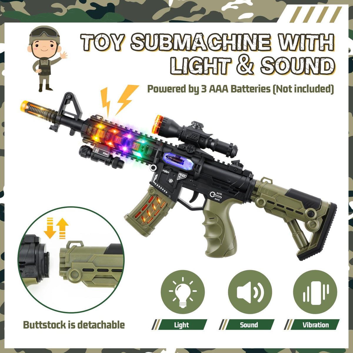 Metemot army toys included: hand grenade, watch, binoculars for interactive play.