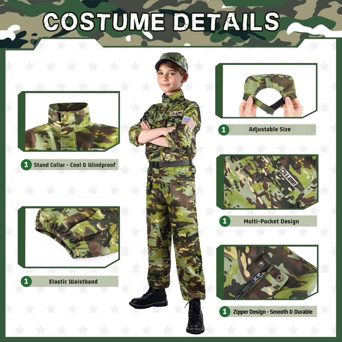 Metemot kids army uniform with camouflage detail for authentic dress-up.