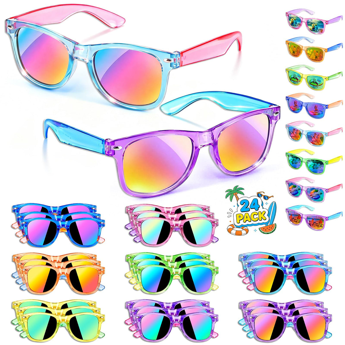 Metemot Neon Kids Sunglasses with colorful frames, ideal for pool party favors