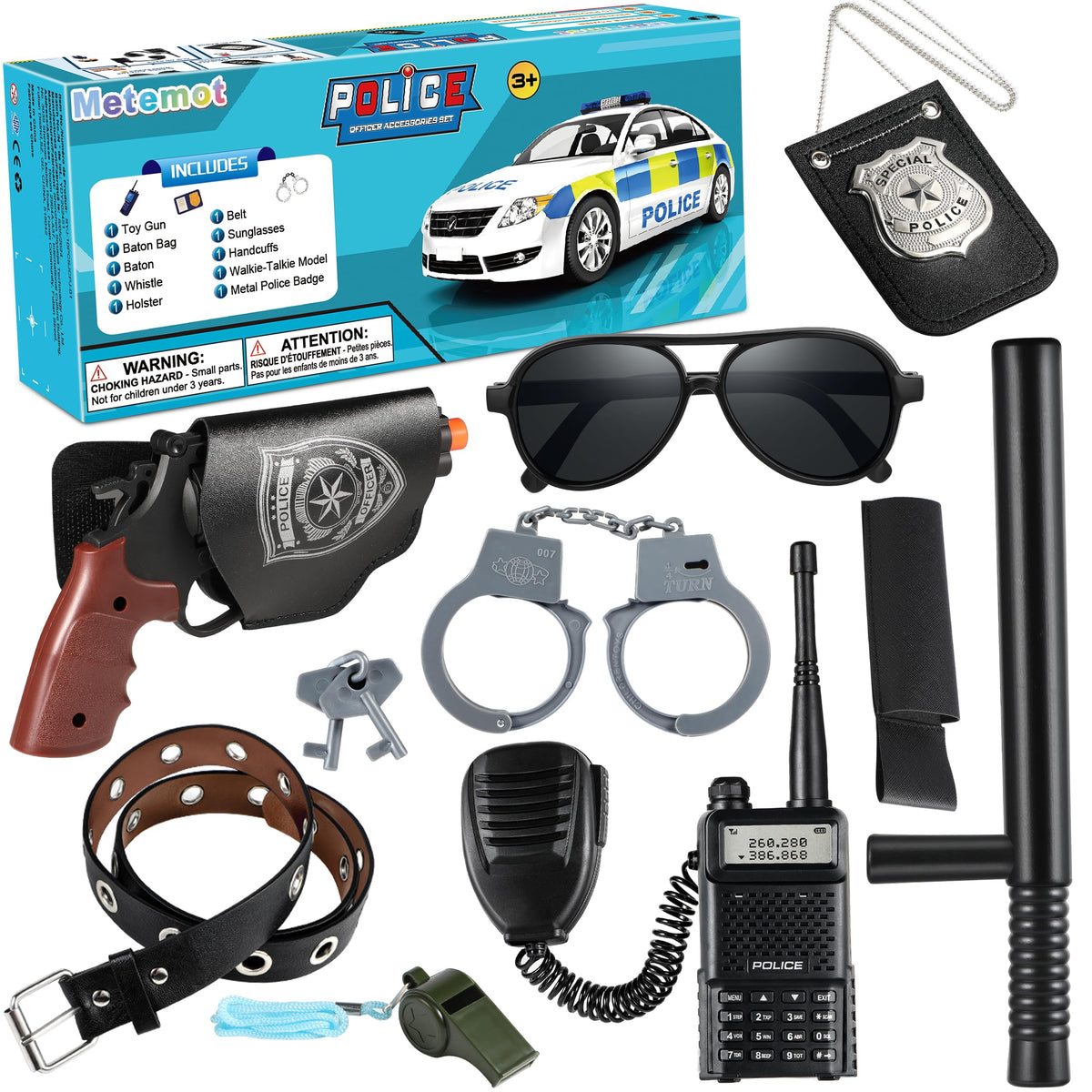 Metemot police badge on faux leather backdrop for realistic pretend play