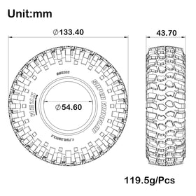 MEUS Racing 2.2 tires show 44mm wide KRAWLER tread for traction.