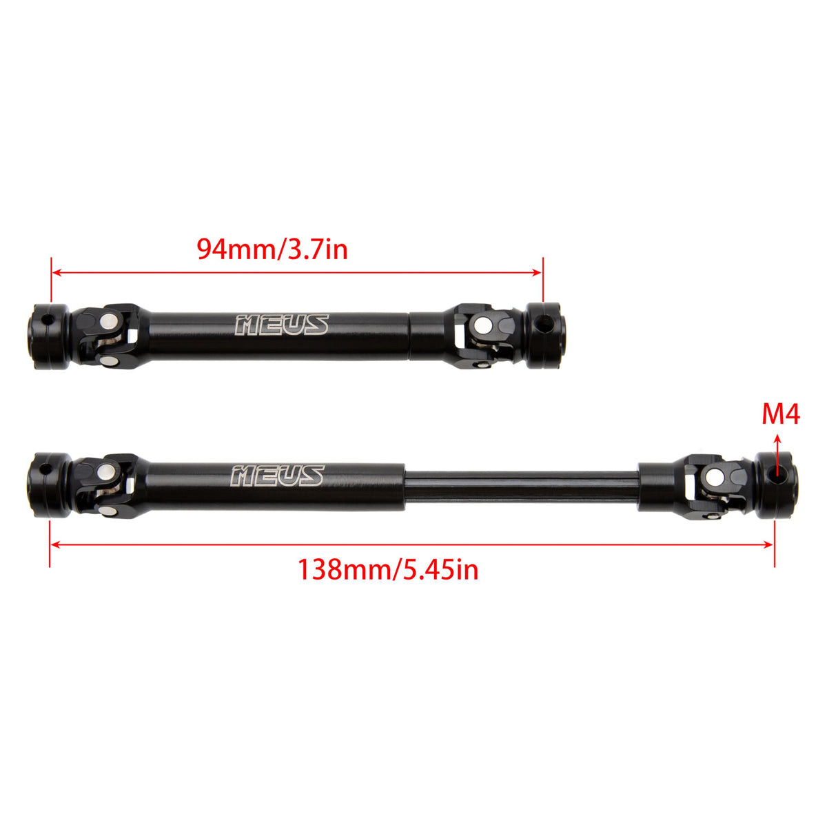 MEUS RACING 2pcs driveshafts side profile emphasizes durable anodized finish and joint flexibility