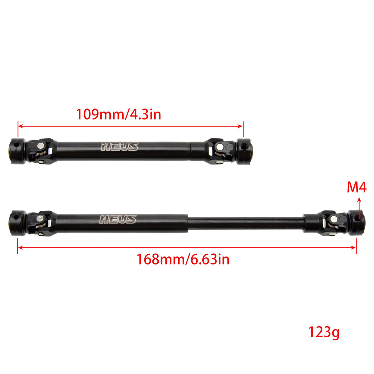 Meus Racing hardened steel driveshafts with E-shape buckle prevent joint separation during rugged climbing.