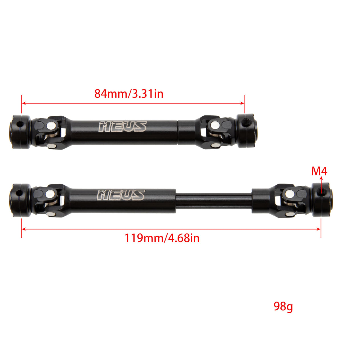 MEUS RACING hardened steel driveshaft ends for longevity and smooth articulation.
