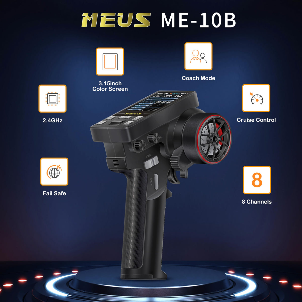 MEUS RACING ME-10B transmitter back view with battery compartment for extended sessions.