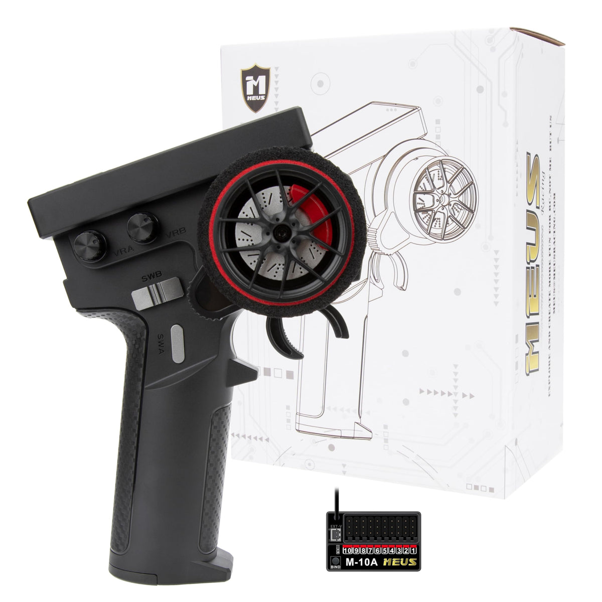 MEUS RACING ME-10B transmitter front view showing ergonomic grip for precise control.