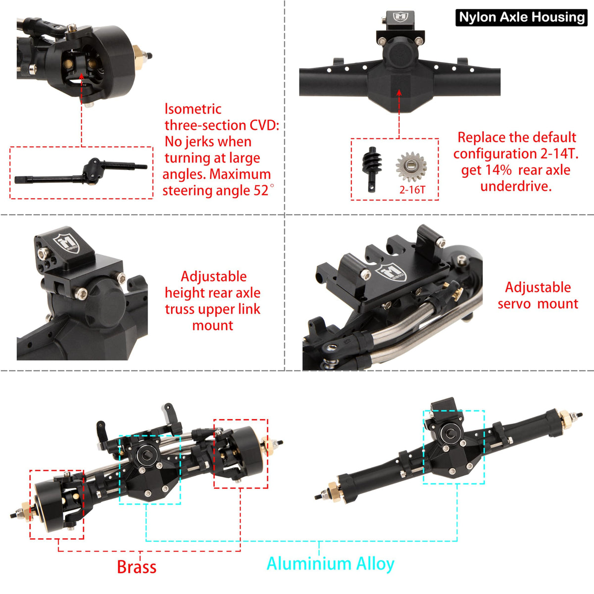 MEUS RACING rear nylon SCX24 CVD axle supports stability during climbs.