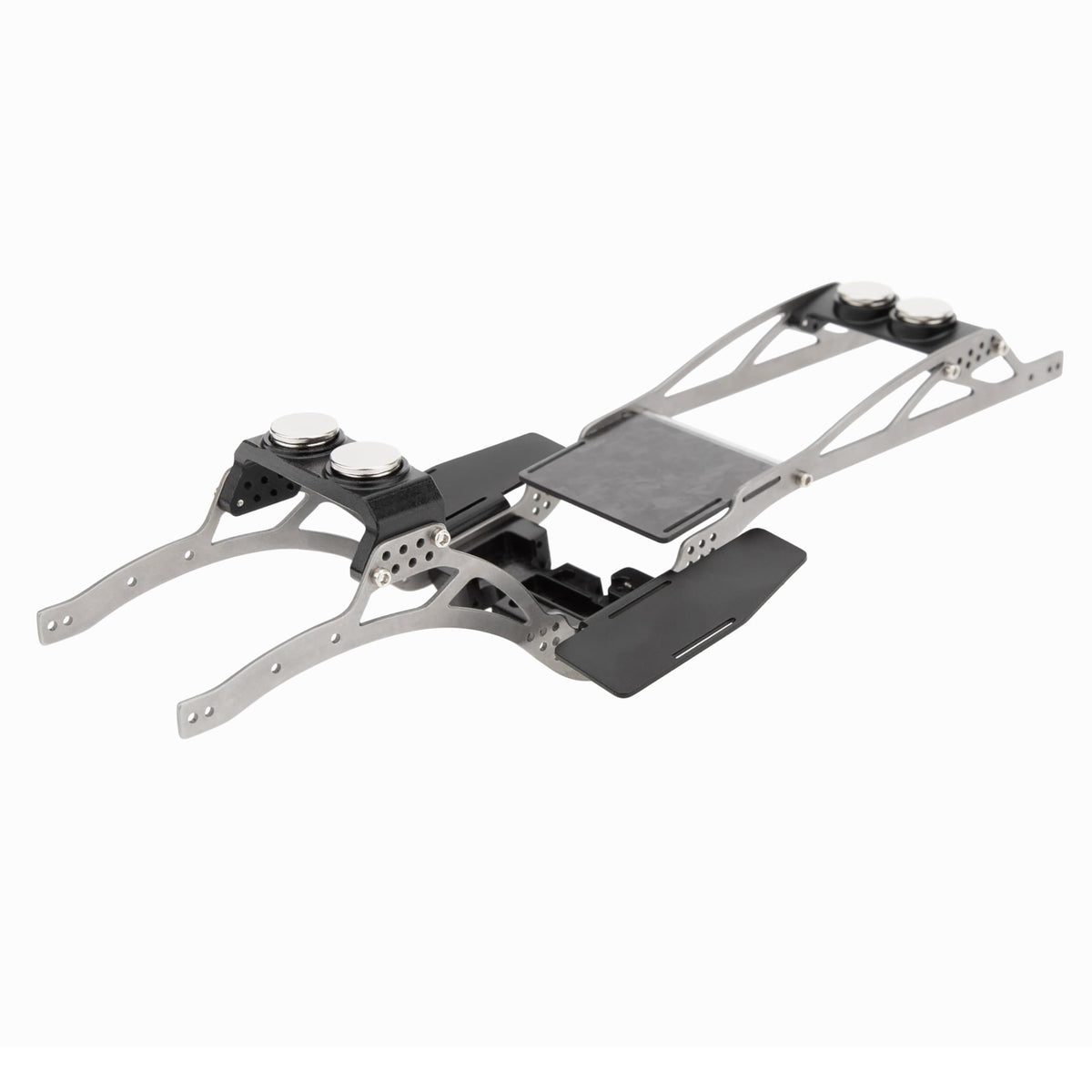 MEUS RACING SCX24 LCG titanium chassis with shock-mount holes for adjustable tuning.