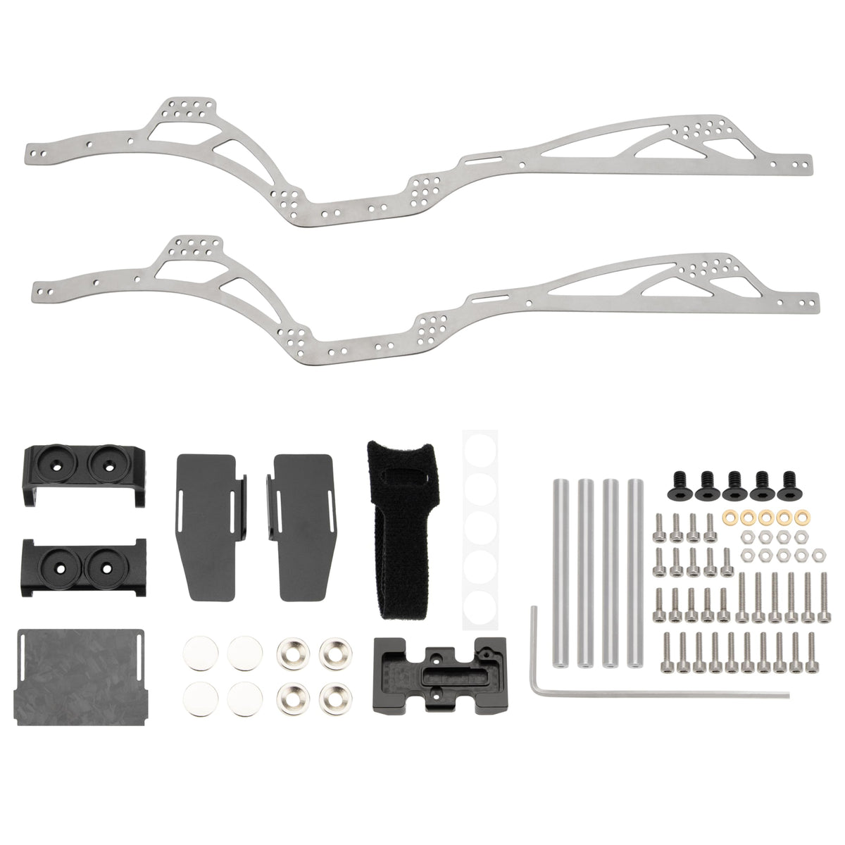 MEUS RACING SCX24 LCG titanium chassis side view for enhanced stability and lower weight.