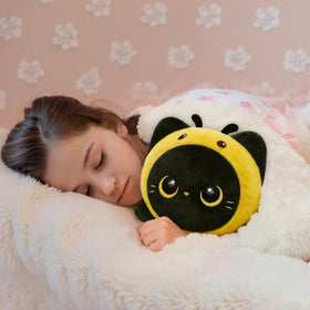 Mewaii black cat bee plush on bed shows soft companionship.