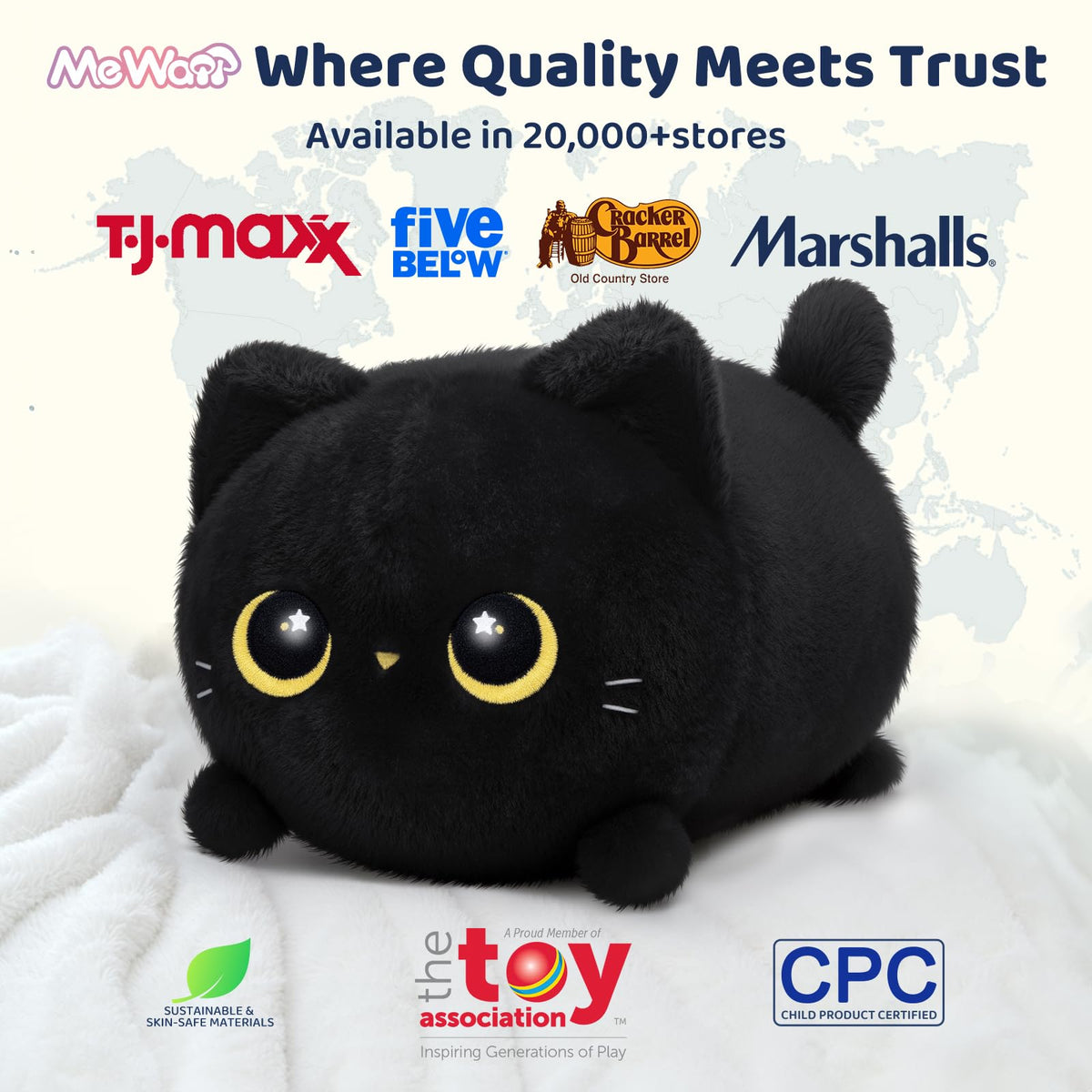 Mewaii black cat plush close-up showing expressive face detail.