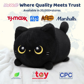 Mewaii black cat plush close-up showing expressive face detail.